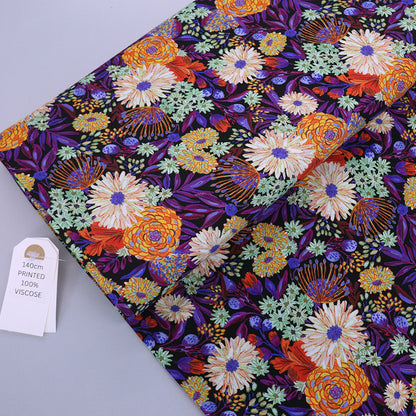 100% Viscose Ecovero Viscose Fabric - Purple , Orange and Green Floral