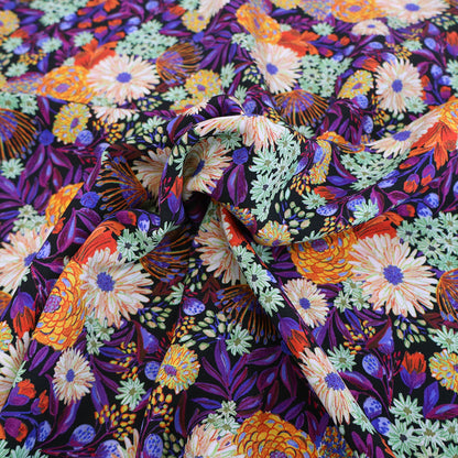 100% Viscose Ecovero Viscose Fabric - Purple , Orange and Green Floral
