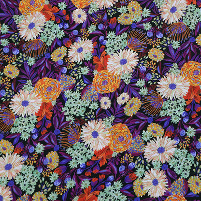 100% Viscose Ecovero Viscose Fabric - Purple , Orange and Green Floral