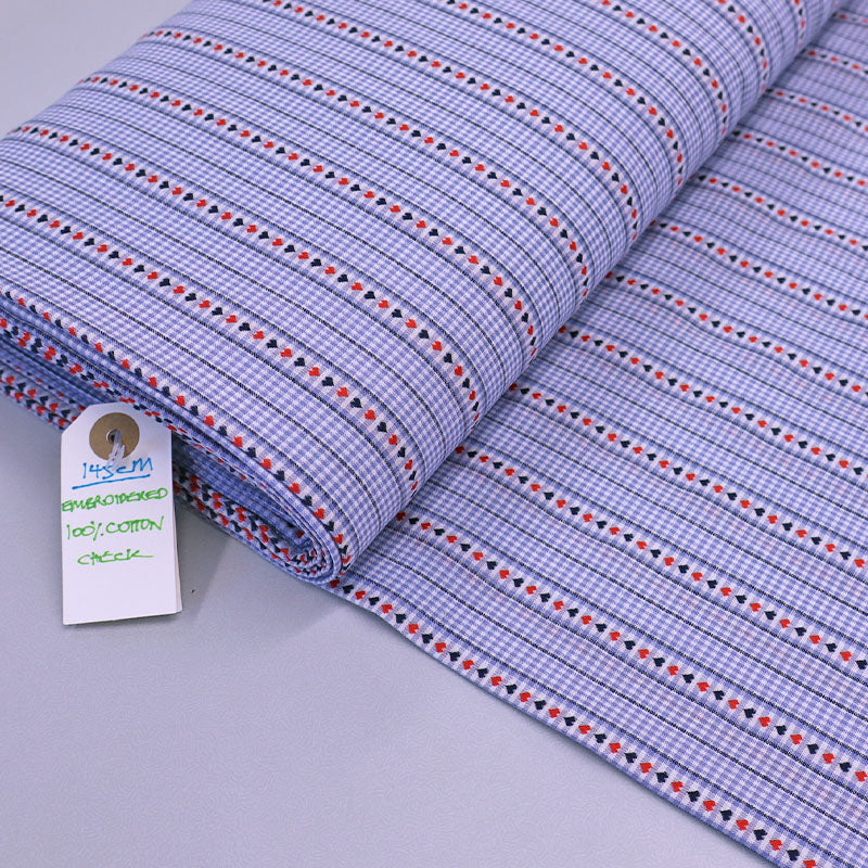 100% Cotton Embroidered Cotton Check Fabric - Blue Gingham