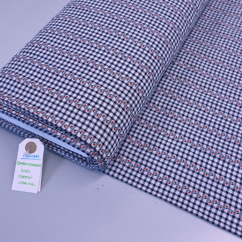 100% Cotton Navy Gingham Fabric - Embroidered with Red Flower on Green stem
