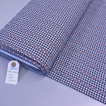 100% Cotton Navy Gingham Fabric - Embroidered with Red Flower on Green stem