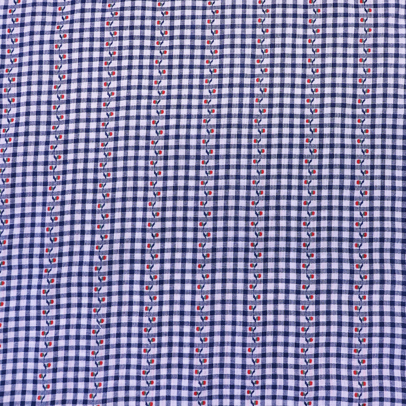 100% Cotton Navy Gingham Fabric - Embroidered with Red Flower on Green stem
