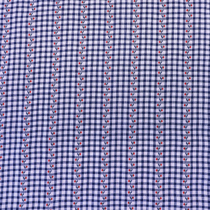 100% Cotton Navy Gingham Fabric - Embroidered with Red Flower on Green stem
