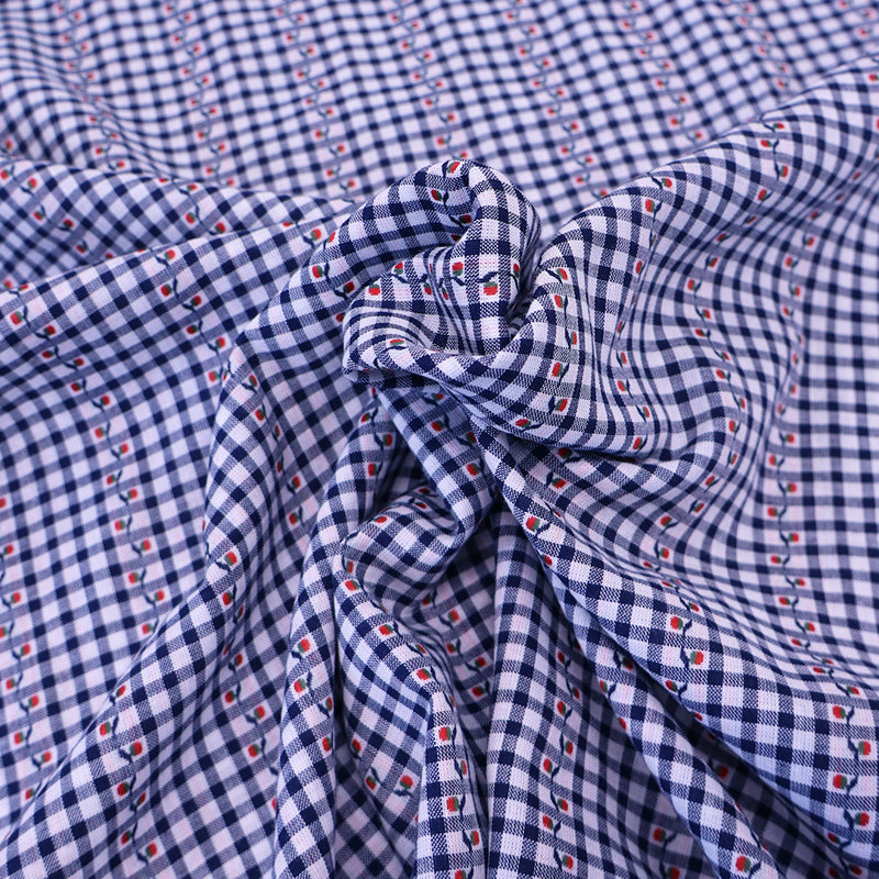 100% Cotton Navy Gingham Fabric - Embroidered with Red Flower on Green stem