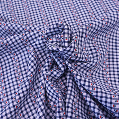 100% Cotton Navy Gingham Fabric - Embroidered with Red Flower on Green stem