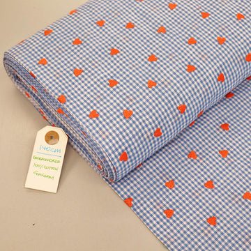 100% Cotton Embroidered Gingham Fabric - Blue with Orange Hearts