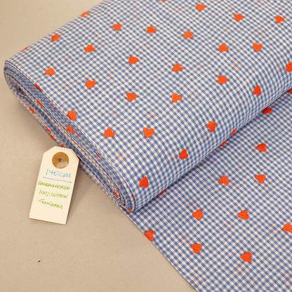 100% Cotton Embroidered Gingham Fabric - Blue with Orange Hearts