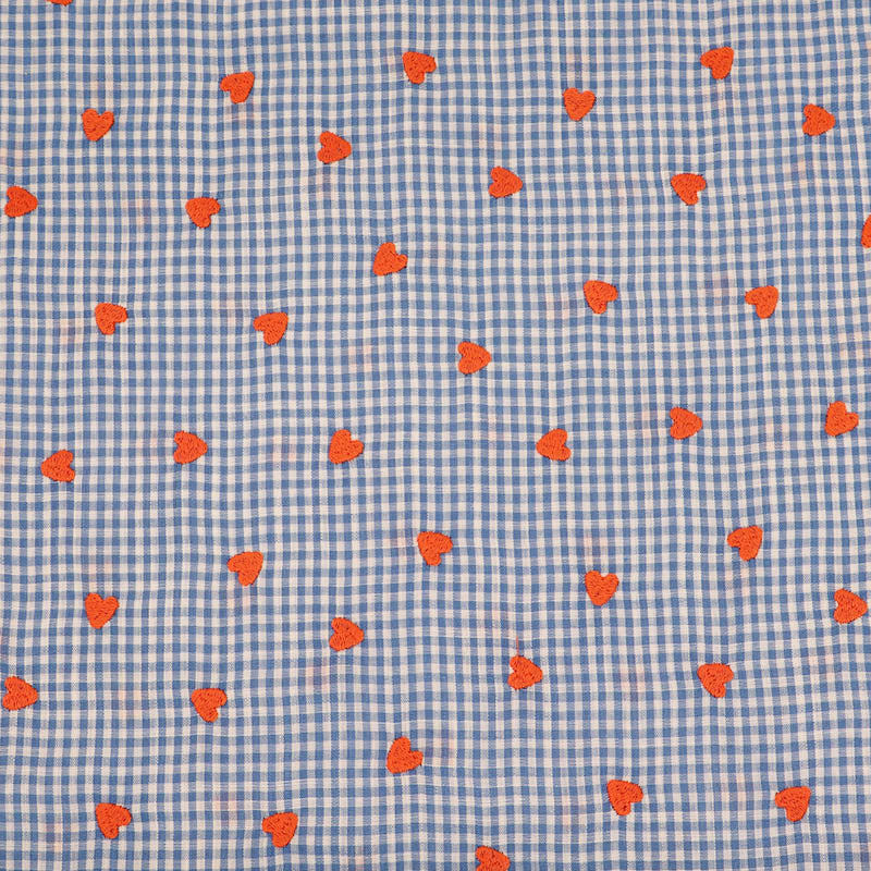 100% Cotton Embroidered Gingham Fabric - Blue with Orange Hearts
