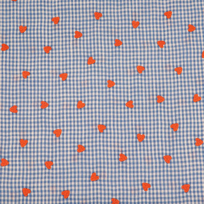 100% Cotton Embroidered Gingham Fabric - Blue with Orange Hearts