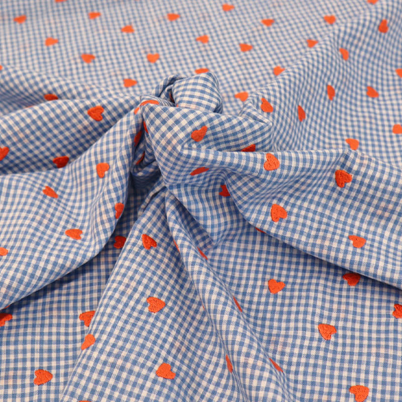 100% Cotton Embroidered Gingham Fabric - Blue with Orange Hearts