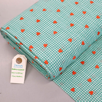 100% Cotton Embroidered Gingham Fabric - Green with Orange Hearts