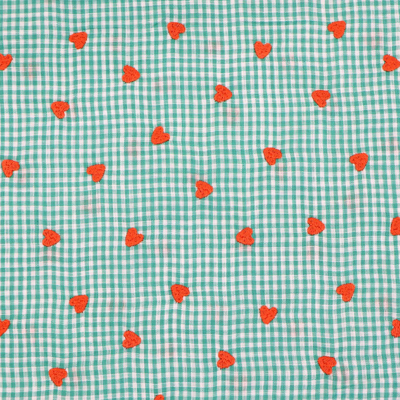 100% Cotton Embroidered Gingham Fabric - Green with Orange Hearts