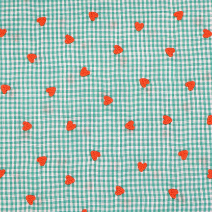100% Cotton Embroidered Gingham Fabric - Green with Orange Hearts
