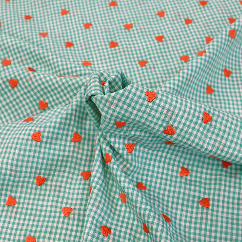 100% Cotton Embroidered Gingham Fabric - Green with Orange Hearts