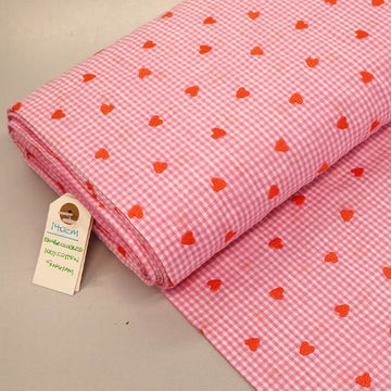 100% Cotton Embroidered Gingham Fabric - Pink with Orange Hearts