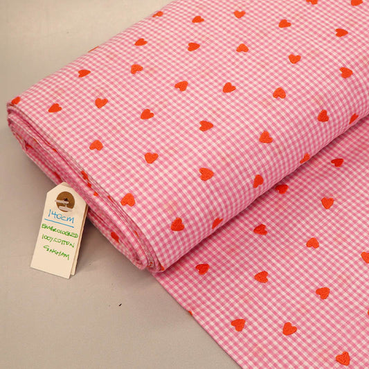100% Cotton Embroidered Gingham Fabric - Pink with Orange Hearts