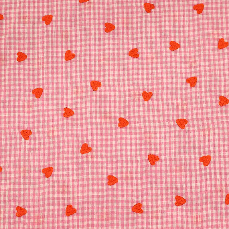 100% Cotton Embroidered Gingham Fabric - Pink with Orange Hearts