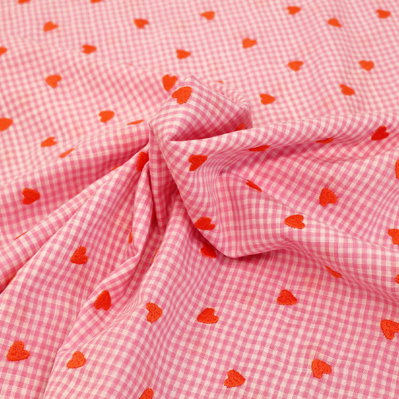 100% Cotton Embroidered Gingham Fabric - Pink with Orange Hearts