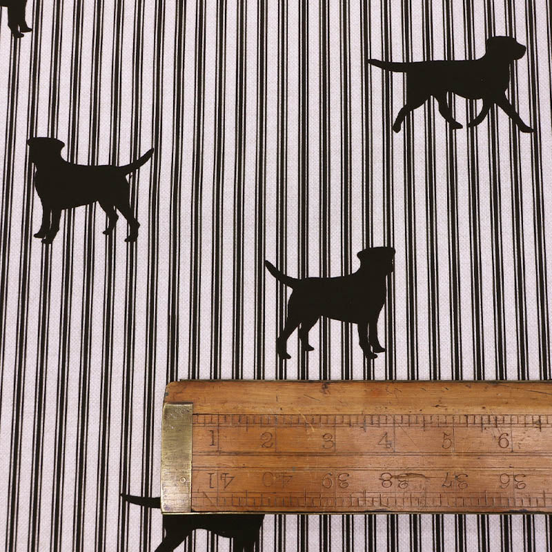 100% Cotton Emily Bond Fabric - Black Labrador and Stripe Print