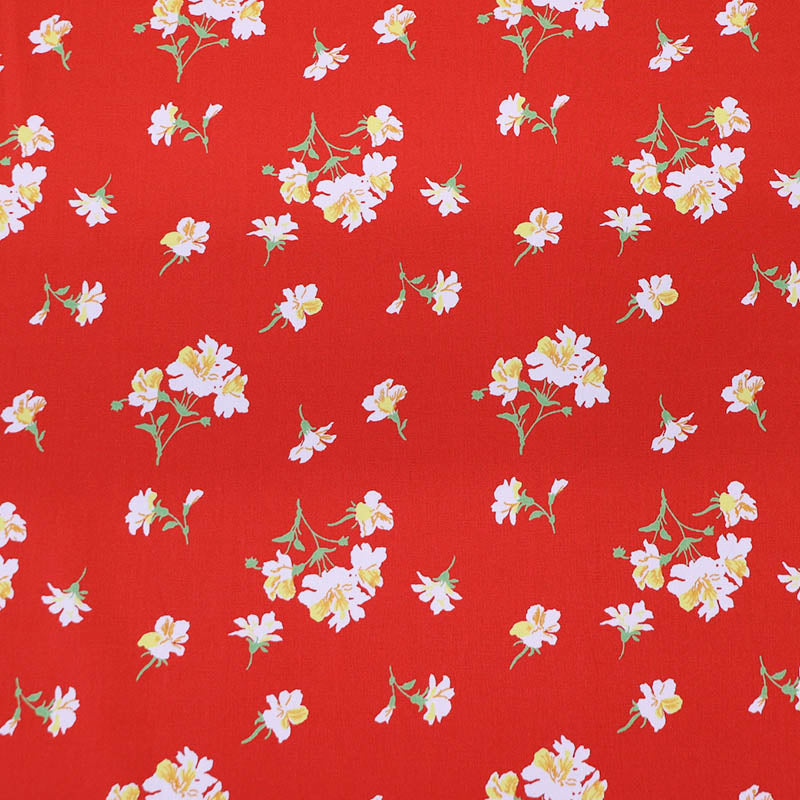 100% Cotton Red Floral Cotton Fabric with white and yellow blooms