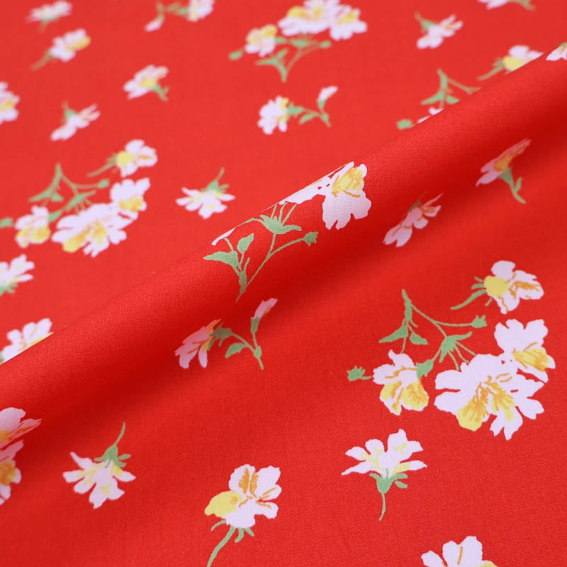 100% Cotton Red Floral Cotton Fabric with white and yellow blooms