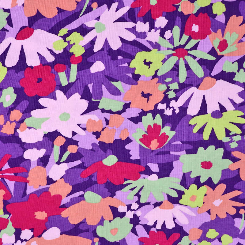 95% Cotton 5% Elastane Organic Purple Floral Jersey Fabric