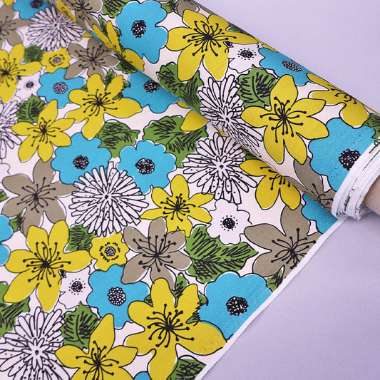 100% Cotton Multicolour Floral Poplin Fabric - Blue and Yellow