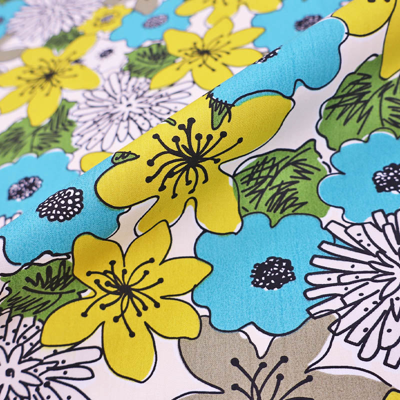 100% Cotton Multicolour Floral Poplin Fabric - Blue and Yellow