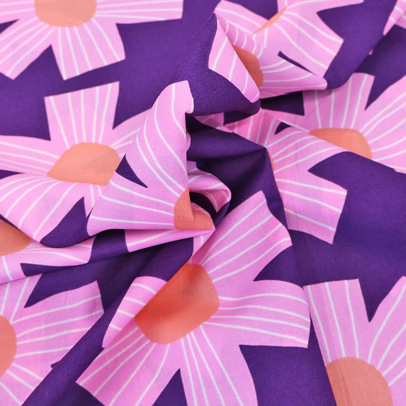 Floral Cotton Voile - Purple and Pink - Line Flower - Nerida Hansen