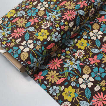 100% Cotton   Brown Floral Corduroy Fabric - Balcony Garden