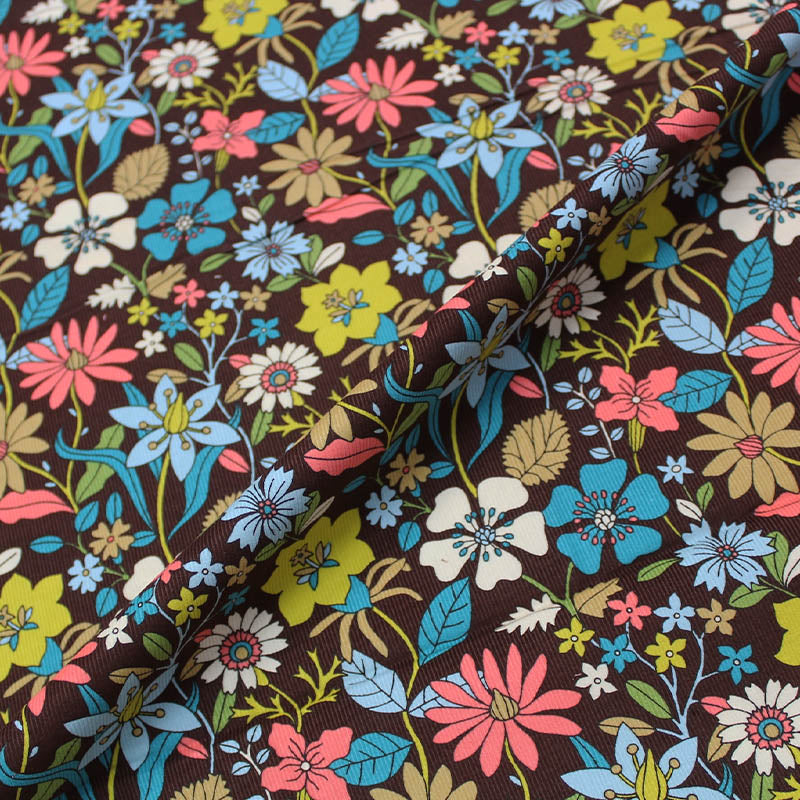 100% Cotton   Brown Floral Corduroy Fabric - Balcony Garden