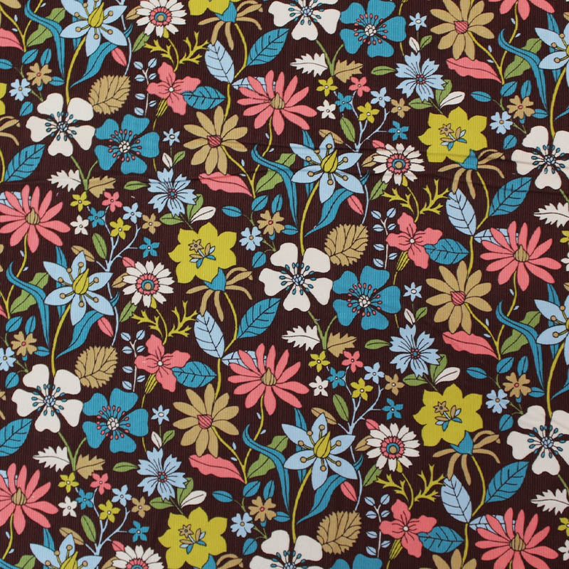 100% Cotton   Brown Floral Corduroy Fabric - Balcony Garden