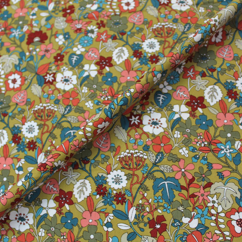 100% Cotton   Dark Yellow Corduroy Fabric - Flower Garden