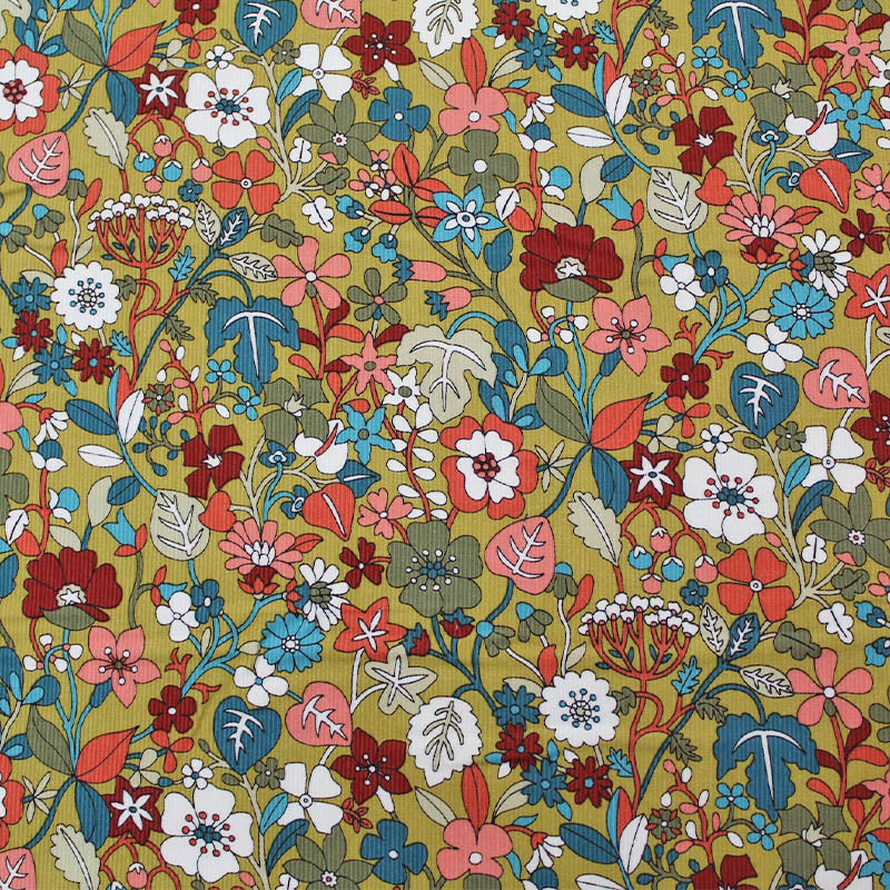 100% Cotton   Dark Yellow Corduroy Fabric - Flower Garden