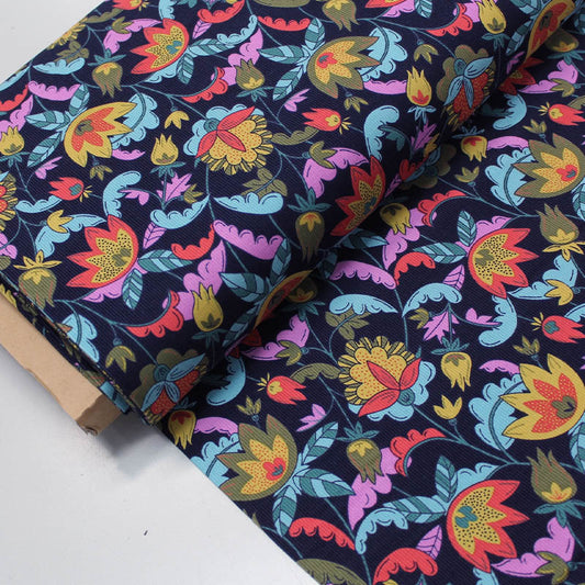 100% Cotton   Navy Blue Floral Corduroy Fabric - Sanctuary Garden