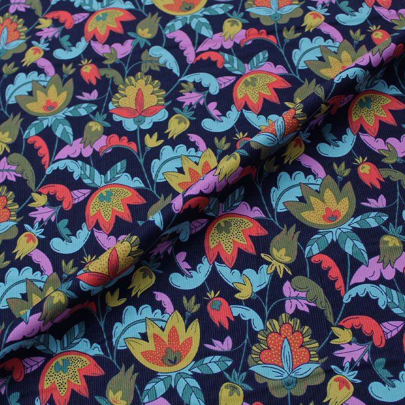 100% Cotton   Navy Blue Floral Corduroy Fabric - Sanctuary Garden