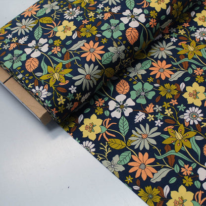 100% Cotton  Dark Blue Floral Corduroy Fabric Show Garden