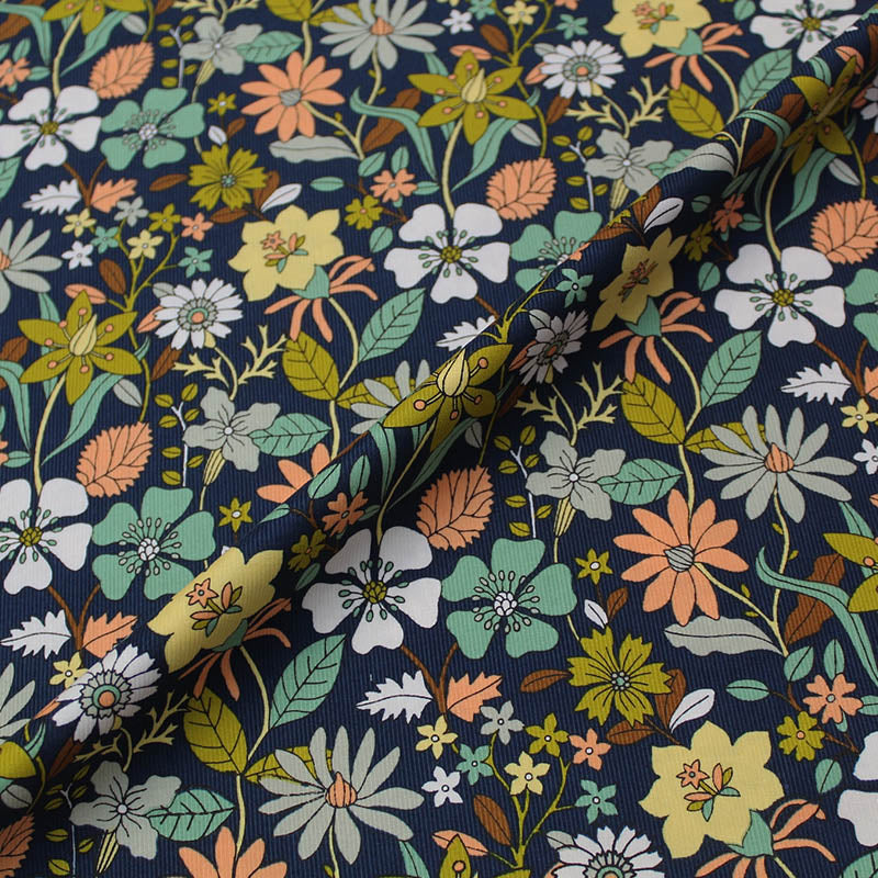 100% Cotton Dark Blue Floral Corduroy Fabric Show Garden