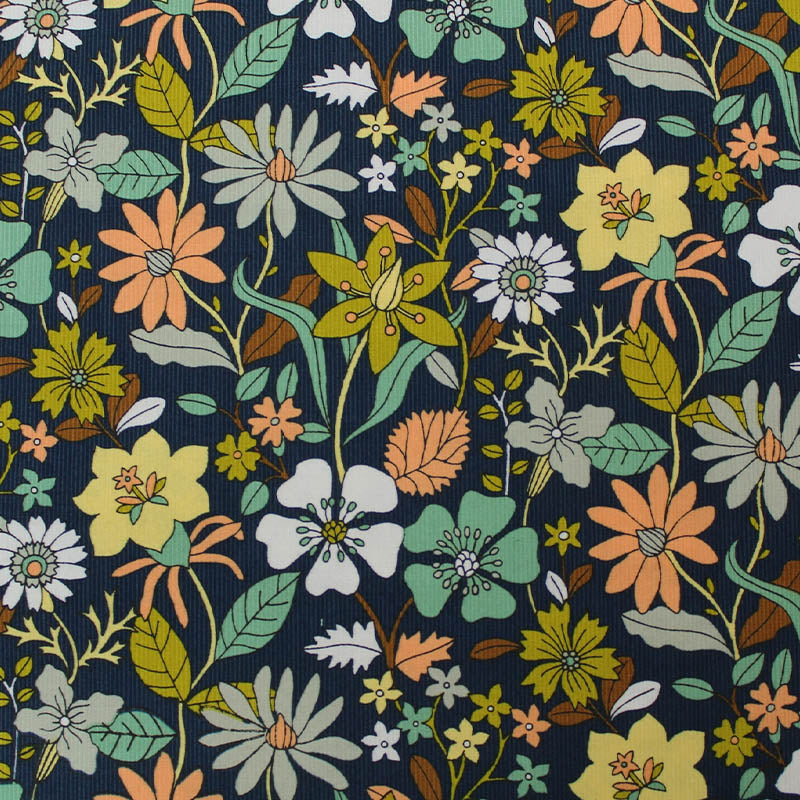 100% Cotton Dark Blue Floral Corduroy Fabric Show Garden