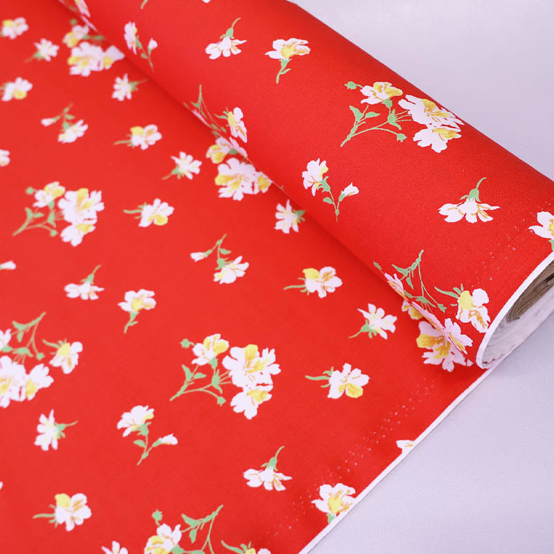 100% Cotton Red Floral Cotton Fabric with white and yellow blooms