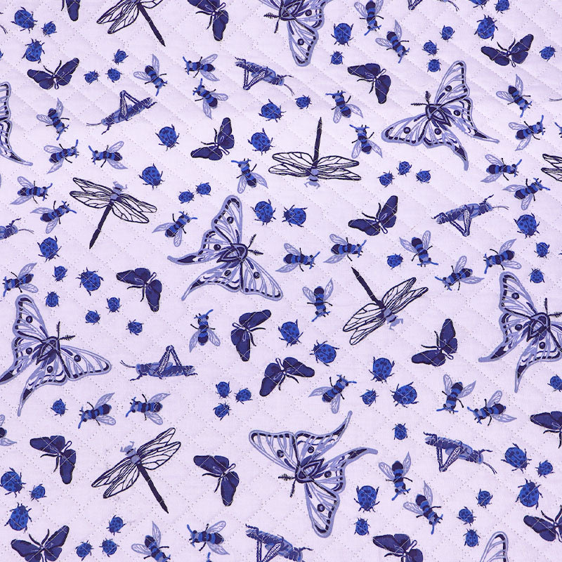 French Vintage Quilted Cotton - Blue and White - Insects