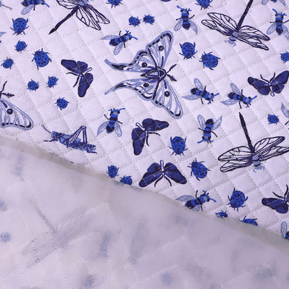 French Vintage Quilted Cotton - Blue and White - Insects