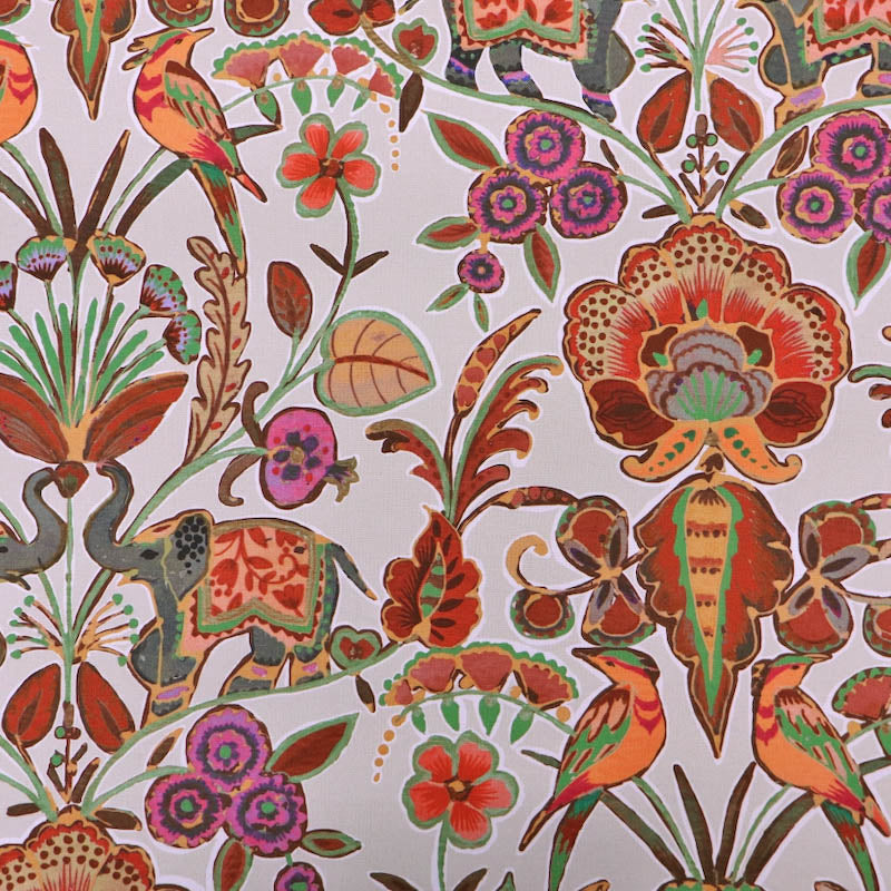 100% Cotton Panama Fabric - Elephant and Bird Tropical Print in red and orange on a white background