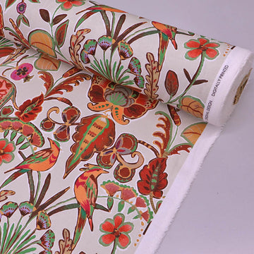 100% Cotton Panama Fabric - Elephant and Bird Tropical Print in red and orange on a white background