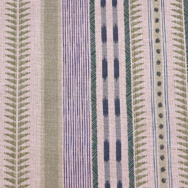  linen blend furnishing fabric featuring an unusual stripe type print in soft green and purple on a cream natural coloured background. 