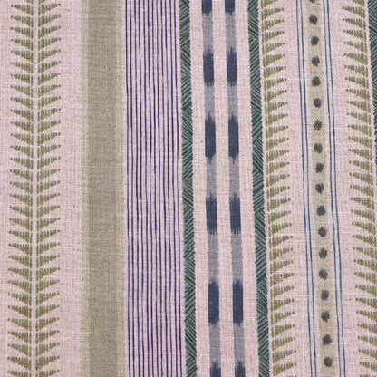  linen blend furnishing fabric featuring an unusual stripe type print in soft green and purple on a cream natural coloured background. 
