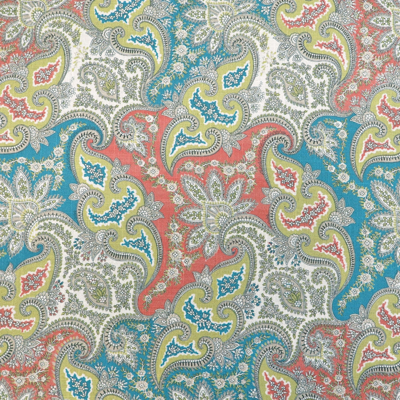  80% Viscose 20% Linen Linen Blend Paisley Furnishing Fabric with a paisley print in muted orange, yellow and blue. 
