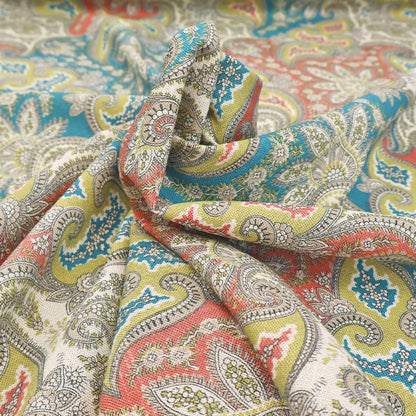Furnishing - Linen and Viscose - Paisley - Mustard, Peach and Turquoise