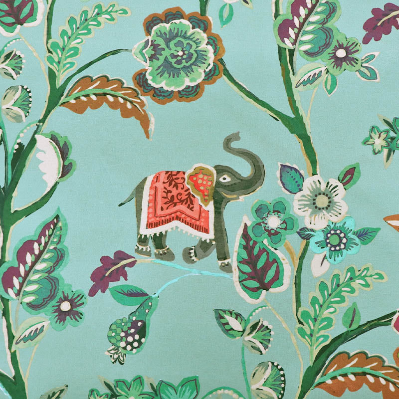 100% Cotton Duck Egg Blue Panama Fabric - Elephant Tropical Print on a duck egg blue background.